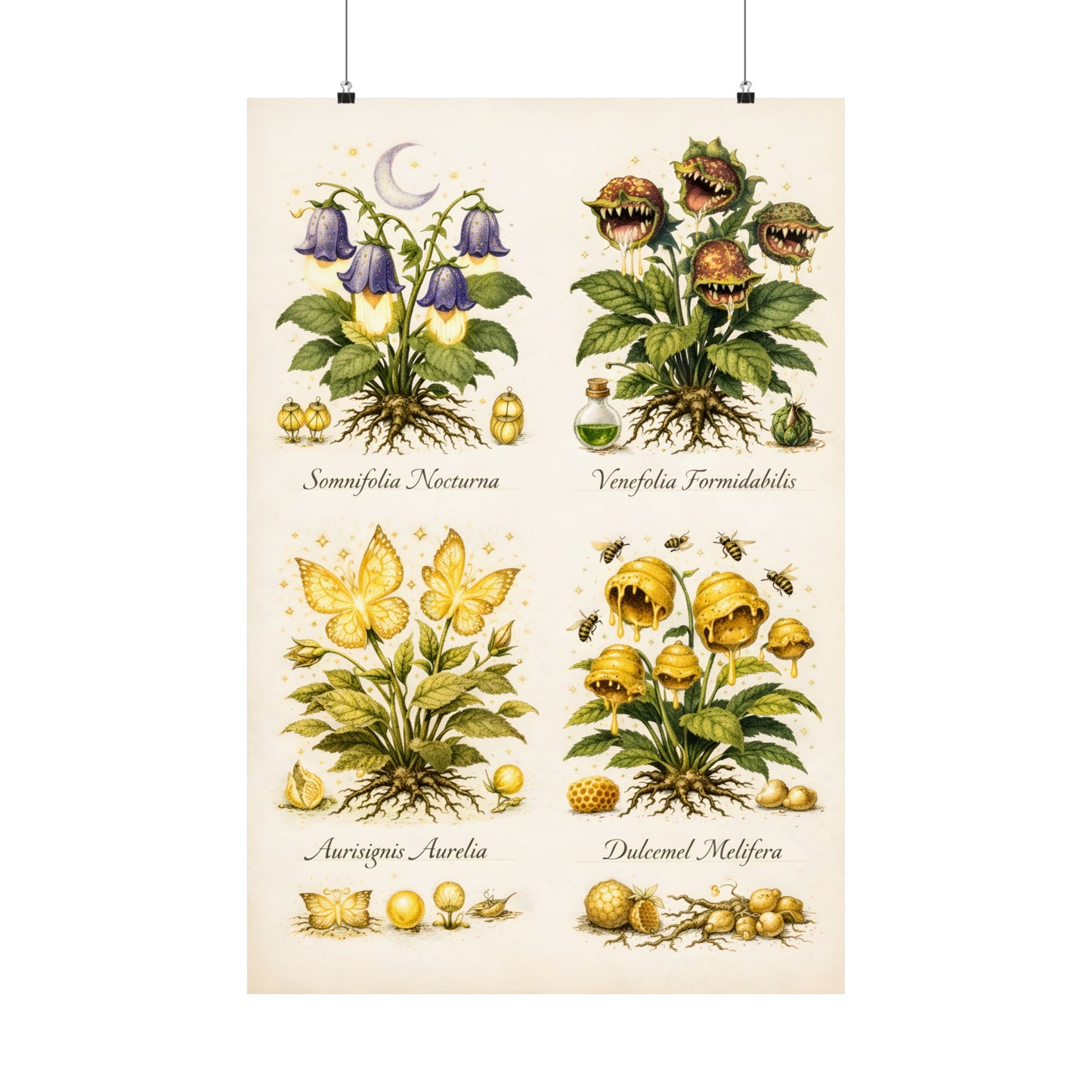 Fantastic Botanical Element Art Poster — Vintage Spark, Hunger, Fiery, Honey Bee Plants (Matte Vertical)