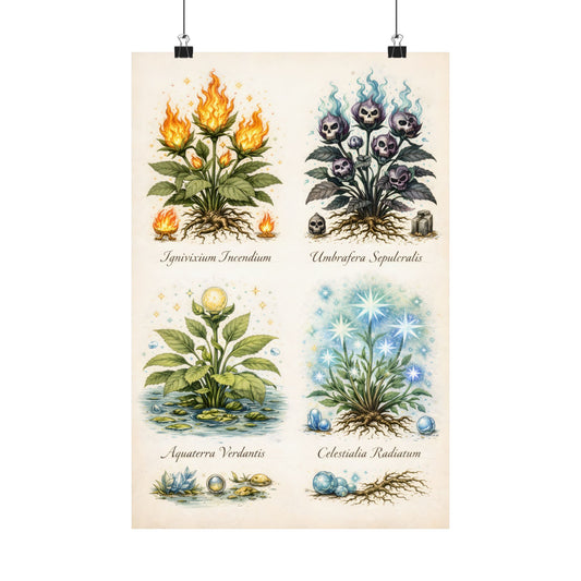 Fantastic Botanical Element Art Poster — Vintage Flame, Death Head, Glimmer Marble, Starlight Plants (Matte Vertical)