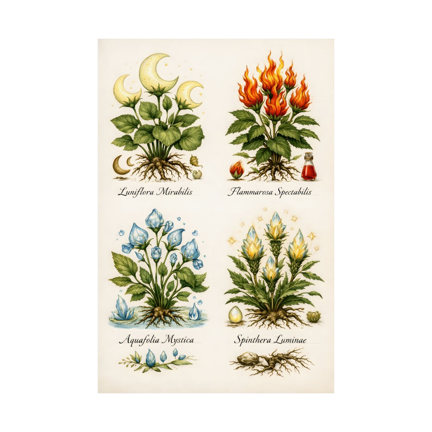 Fantastic Botanical Element Art Poster — Vintage Moon, Fire, Water, Earth Plants (Matte Vertical)