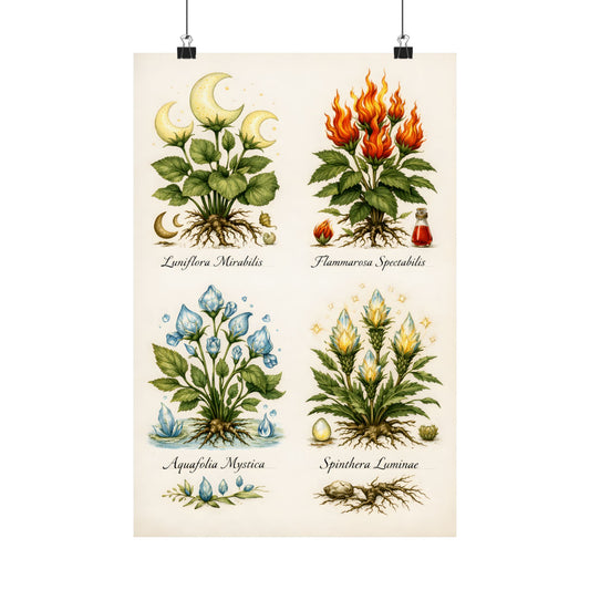 Fantastic Botanical Element Art Poster — Vintage Moon, Fire, Water, Earth Plants (Matte Vertical)