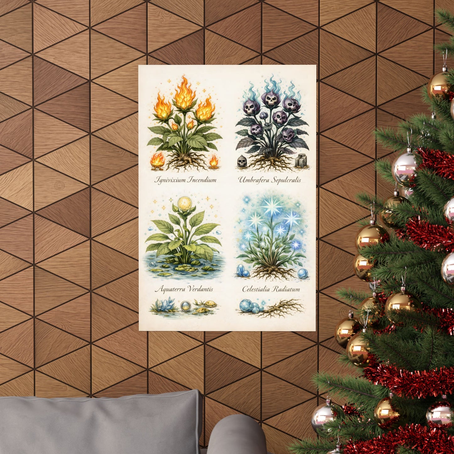 Fantastic Botanical Element Art Poster — Vintage Flame, Death Head, Glimmer Marble, Starlight Plants (Matte Vertical)