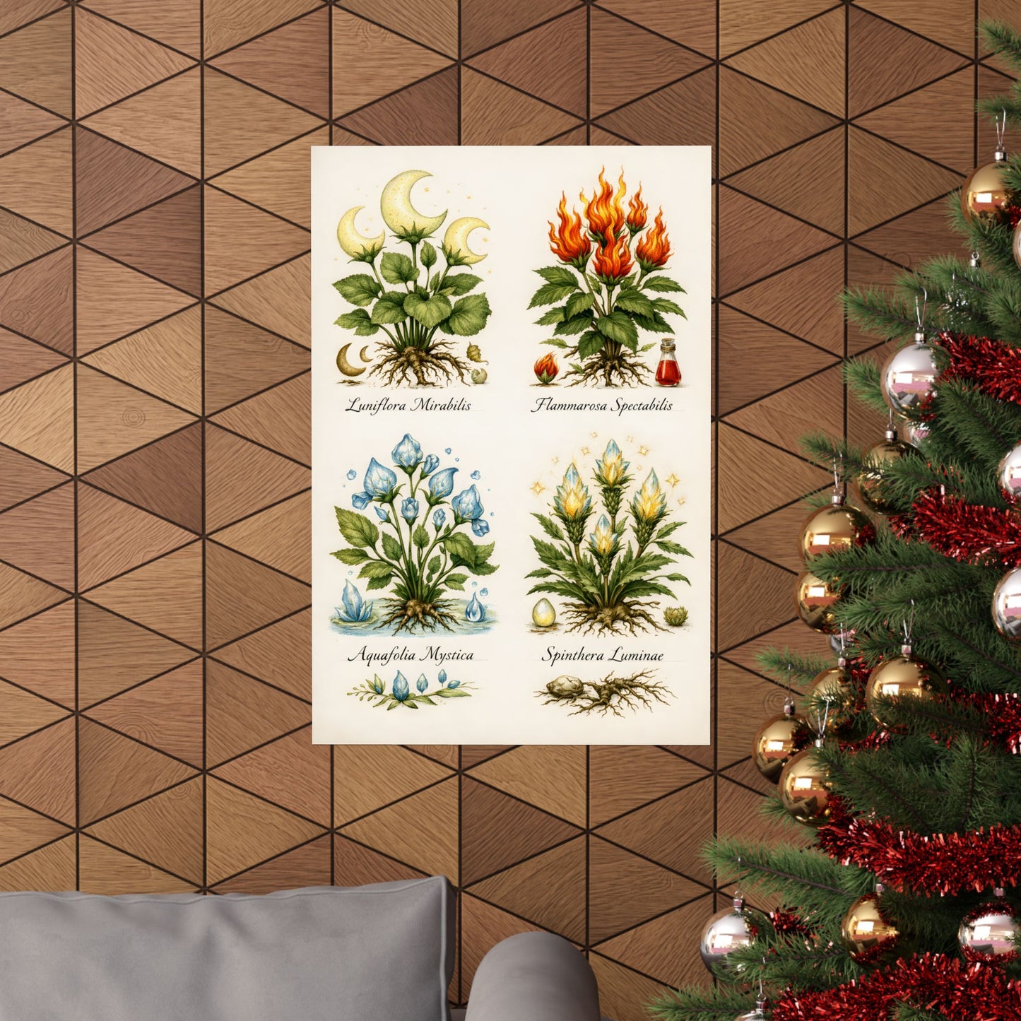 Fantastic Botanical Element Art Poster — Vintage Moon, Fire, Water, Earth Plants (Matte Vertical)