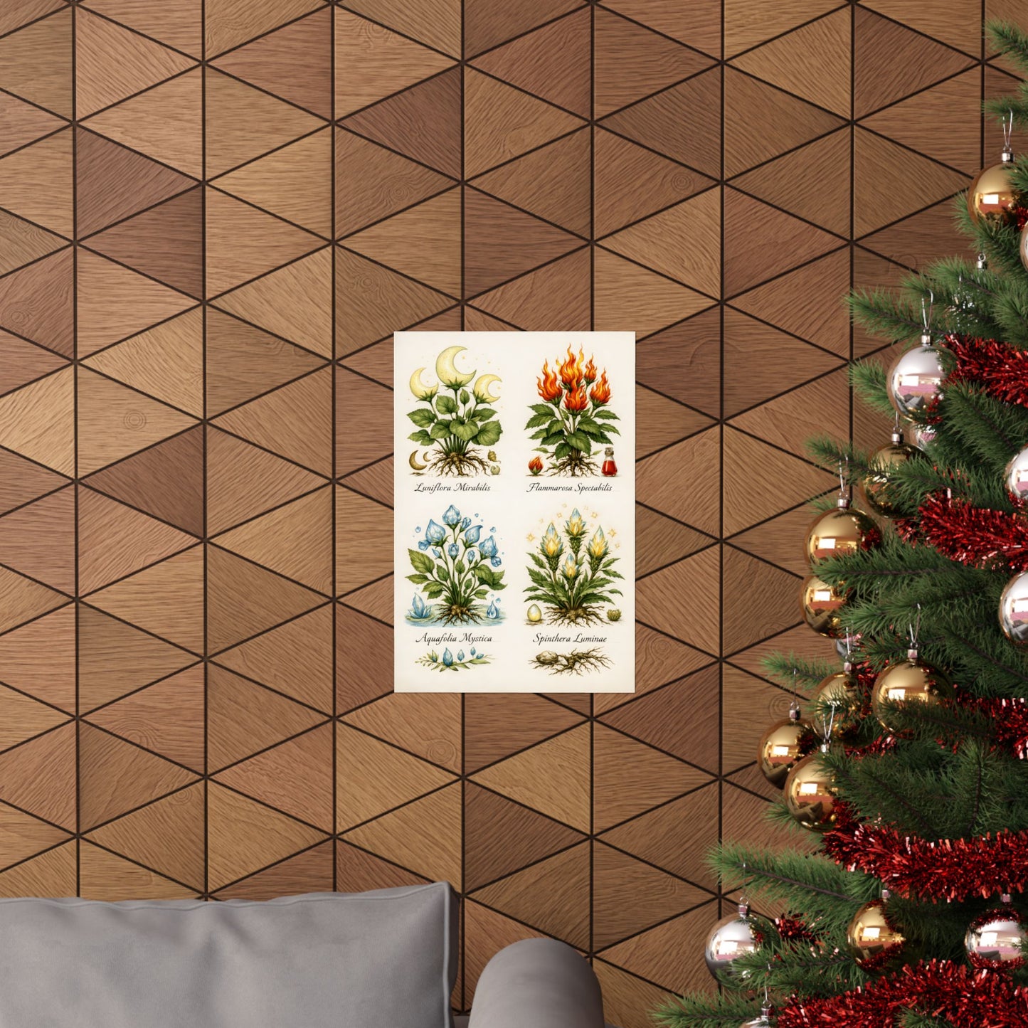 Fantastic Botanical Element Art Poster — Vintage Moon, Fire, Water, Earth Plants (Matte Vertical)